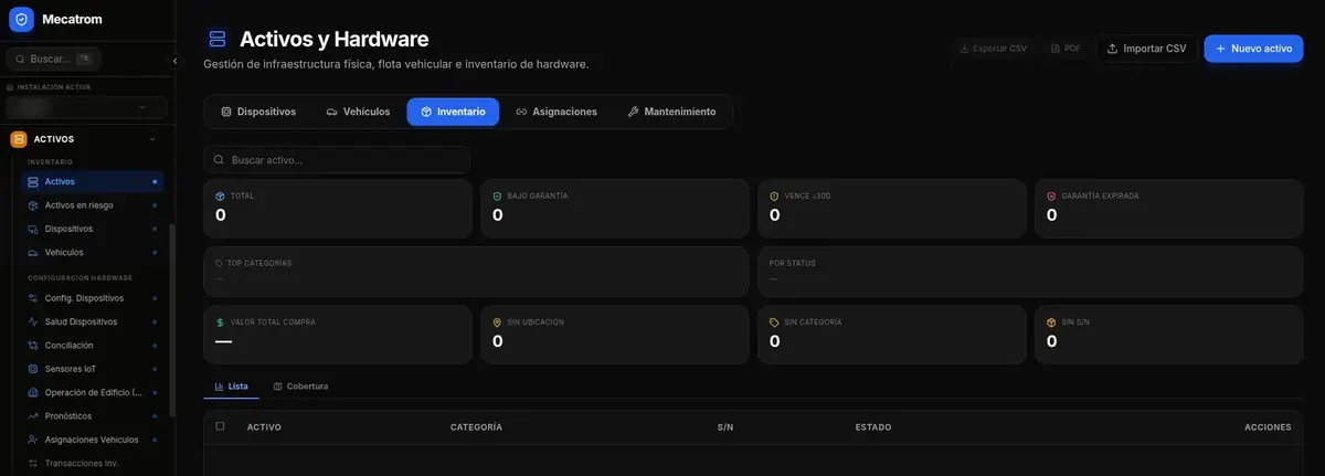 Inventario de activos con garantías, valor de compra y cobertura.