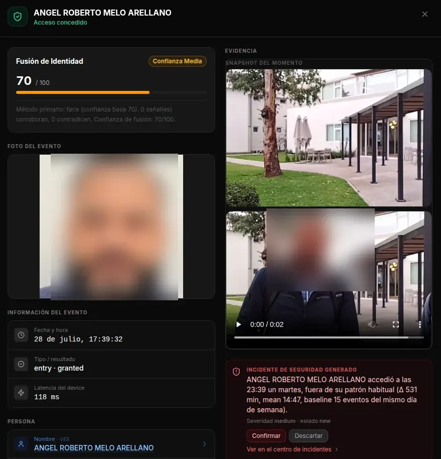 Fusión de identidad, foto del evento y evidencia de cámara del reconocimiento facial.