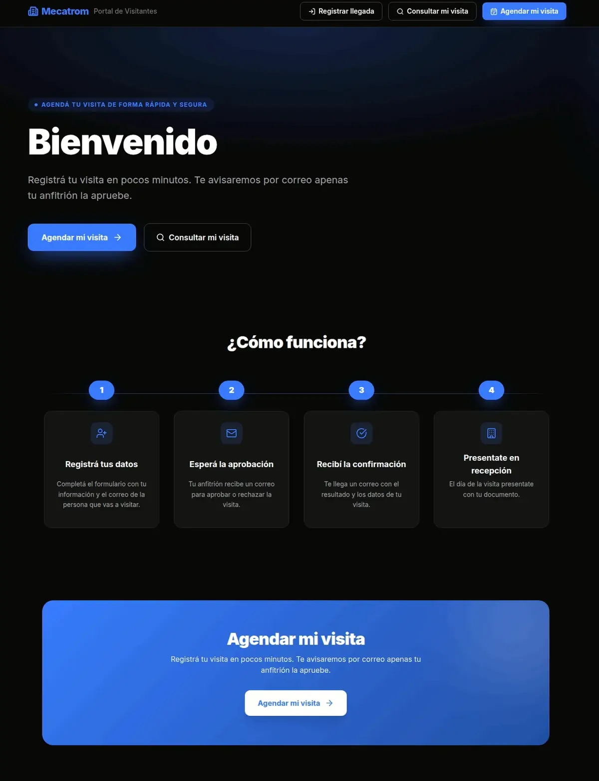 Portal público de visitantes de Mecatrom, con agendamiento y check-in de autoservicio