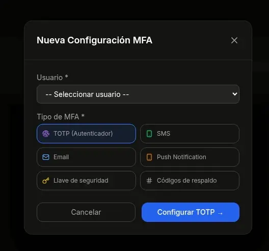 Configuración de MFA: TOTP, SMS, email, push, llave de seguridad.